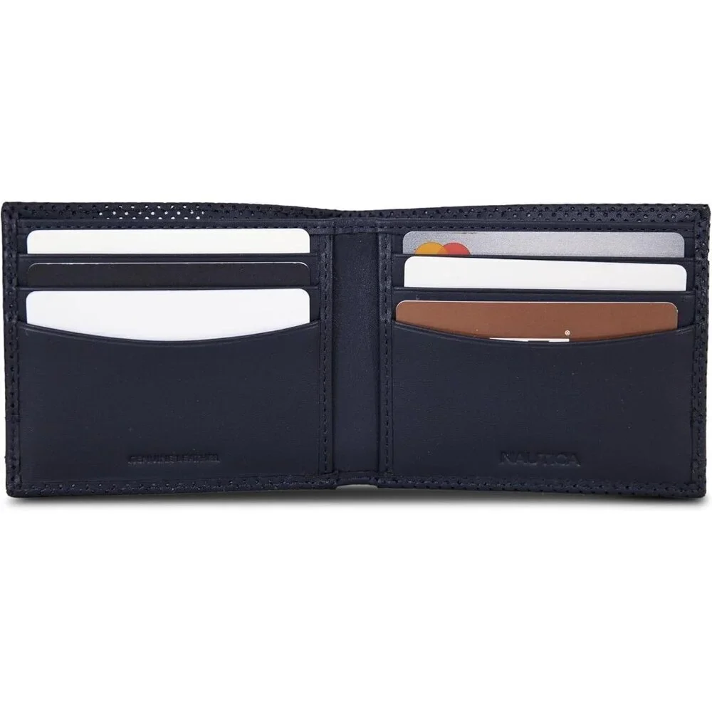 Men's Perforated-Navy Bifold Leather Wallet RFID Blocking ID Window Card Slots